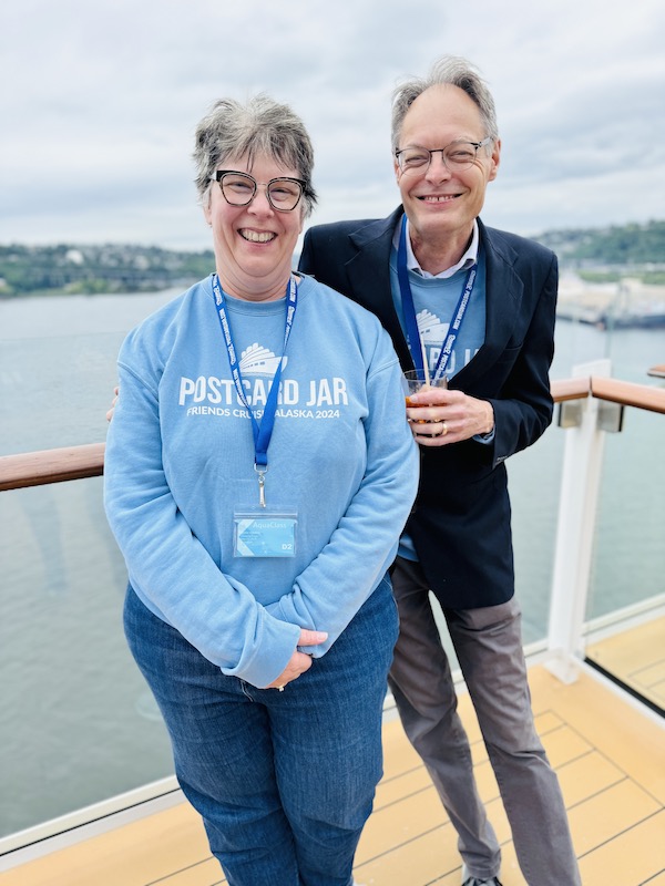 Sheila and Alden at sail away Postcard Jar Friends Cruise to Alaska