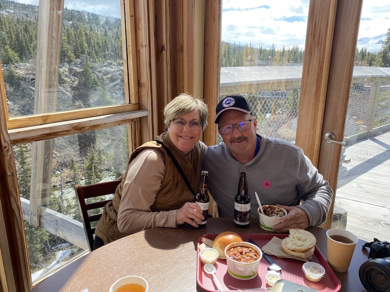 Rod and Terri Kuss enjoy a bite of bison chili for lunch while near Skagway, Alaska